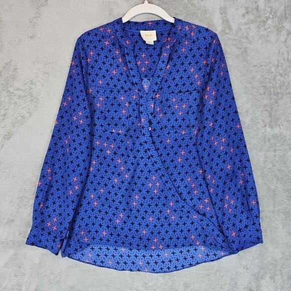 Maeve Eva Wrap Blouse Womens Size 4 Blue Floral Print Drapey V-Neck Tunic Top - Picture 1 of 7